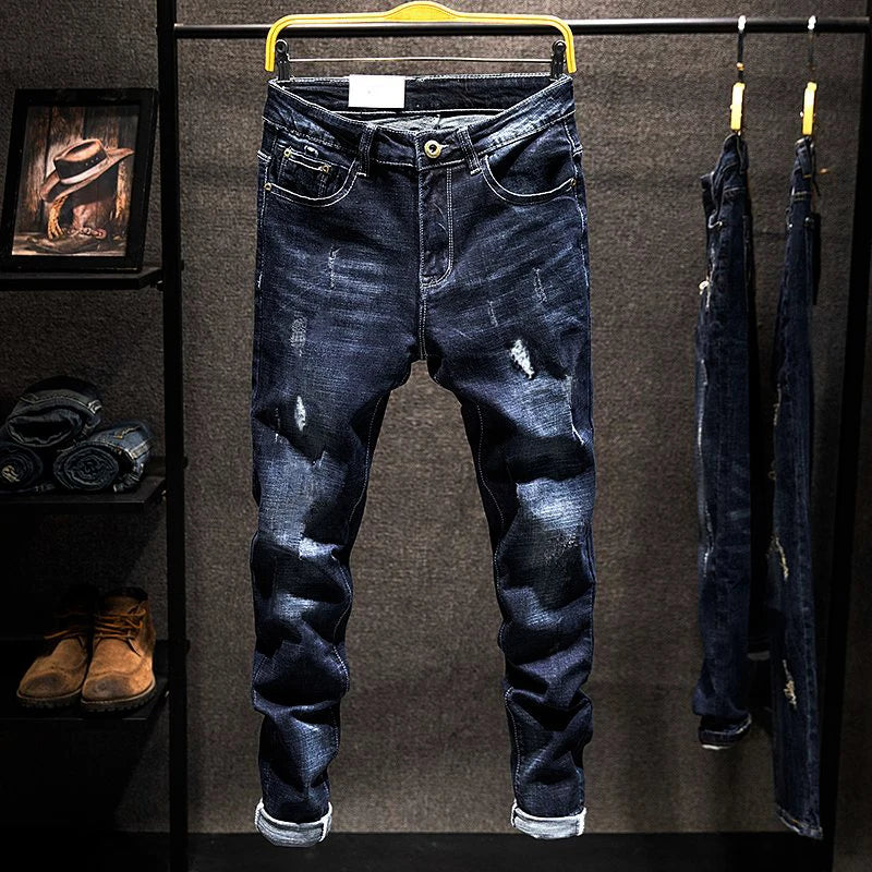 Slitna Slim Jeans för Herr – Elastiska Straight-fit Denim i Koreansk Stil
