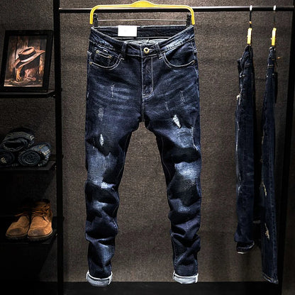 Slitna Slim Jeans för Herr – Elastiska Straight-fit Denim i Koreansk Stil