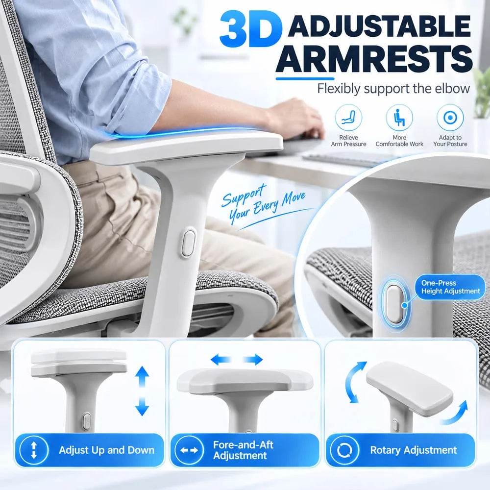 Ergonomic Office Chair with Footrest, 3D Adjustable Headrest & Armrests, Elastic Lumbar Support, Breathable Mesh High Back, 90°-135° Reclining Swivel Chair for Home Office