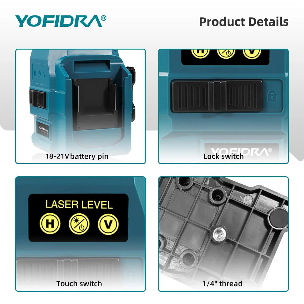 YOFIDRA 4D 16 Lines Laser Level Self-Leveling 360° Horizontal Vertical Leveling Tools With 1M Tripod For Makita 21V Battery Pin