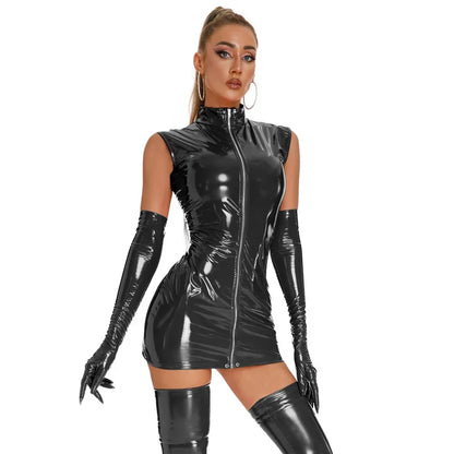 Women Latex Leather Lingerie Hot Exotic Mini Dress PVC Wet Look Leather Sleeveless Zip Bodycon Dress