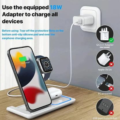 30W 3 in 1 LED Fast Wireless Charger Stand Foldable Charging Station For iPhone 17- 12 Apple Watch 9 8 7 6 5 Airpods Pro