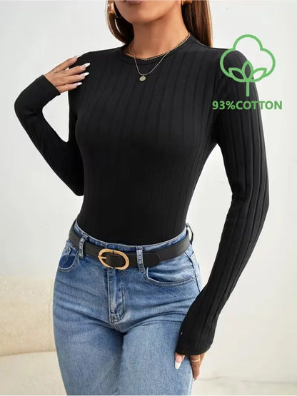 Solid Color Casual Long-sleeve Ribbed Bodysuit, Comfortable High-stretch Large Ribbed Top