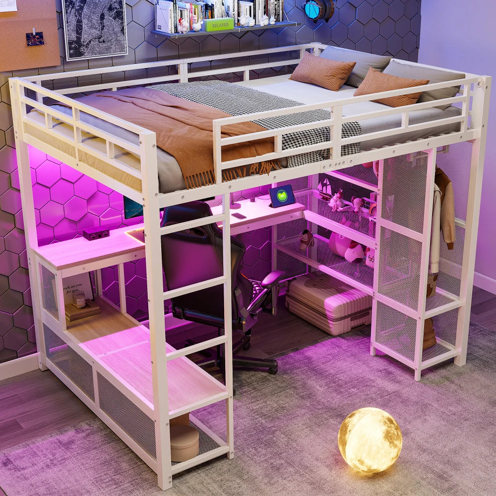 140x200cm Metal High Bed with Storage and Open Wardrobe, Kids Bedroom Bed with USB Connector and LED Lighting, Black/white