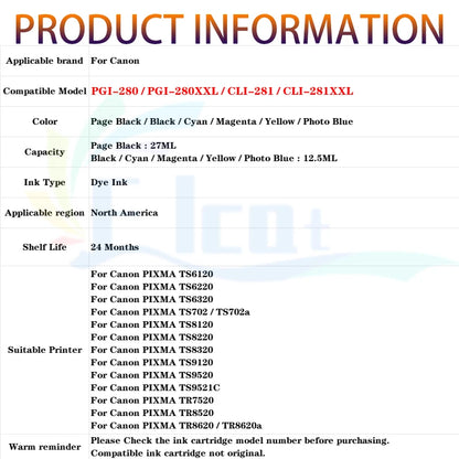 PGI-280 / CLI-281 Bläckpatron XXL Kompatibel för Canon PIXMA-skrivare