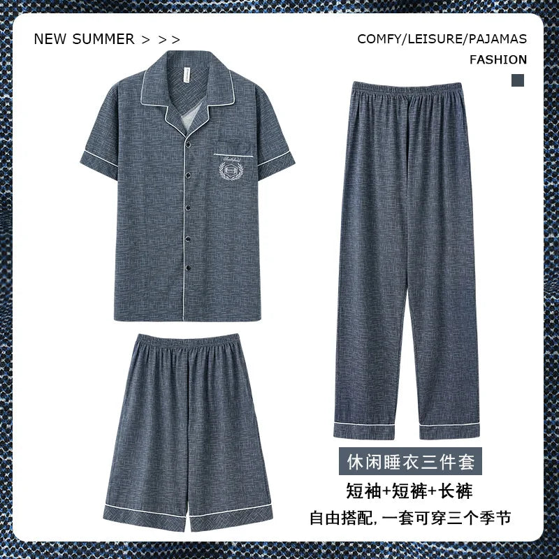 2023 New Cotton Sleepwear Men's 3 Pieces Set Homewear Plus Size 4XL Cardigan Nightwear Short Sleep Tops & Shorts & Long Pants