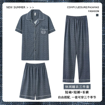 2023 New Cotton Sleepwear Men's 3 Pieces Set Homewear Plus Size 4XL Cardigan Nightwear Short Sleep Tops & Shorts & Long Pants