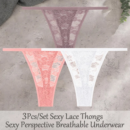 3Pcs/Set Sexy Lace Floral Panties For Women Solid Color Transparent Underwear Female Lace Perspective Hollow Out G-string Thongs