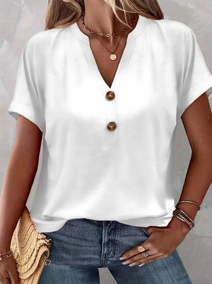 Chic Plus Size Short Sleeve Buttoned V-Neck Casual T-Shirt Lightweight Summer Top for Women