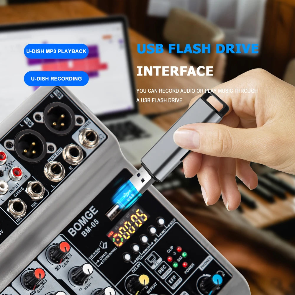 BOMGE 5 Channel Mixer with 3 Mic Line Input 48V Stereo Bluetooth MP3 PC U Dish Recording for Studio with Headphone Monitoring