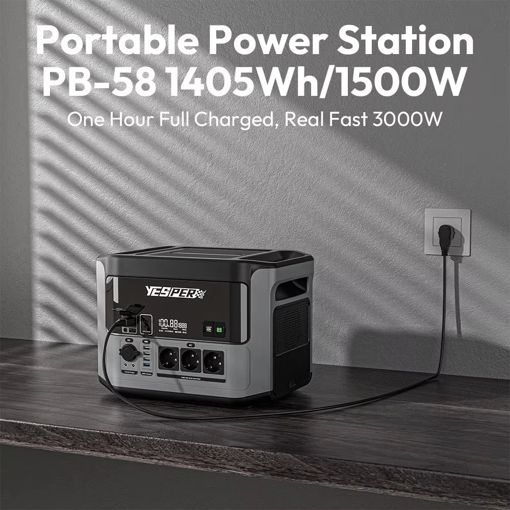 YESPER PB-58 Portabel Powerstation 1500W 1408Wh – LiFePO4, Ren Sinusvåg, Sol-redo, AC/DC/USB, Smart Display, Camping/Hem/Nöd, EU-lager (Tyskland)