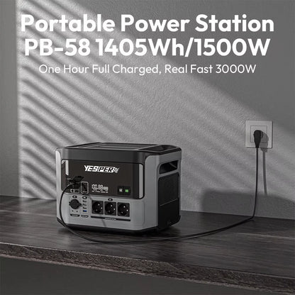 YESPER PB-58 Portabel Powerstation 1500W 1408Wh – LiFePO4, Ren Sinusvåg, Sol-redo, AC/DC/USB, Smart Display, Camping/Hem/Nöd, EU-lager (Tyskland)