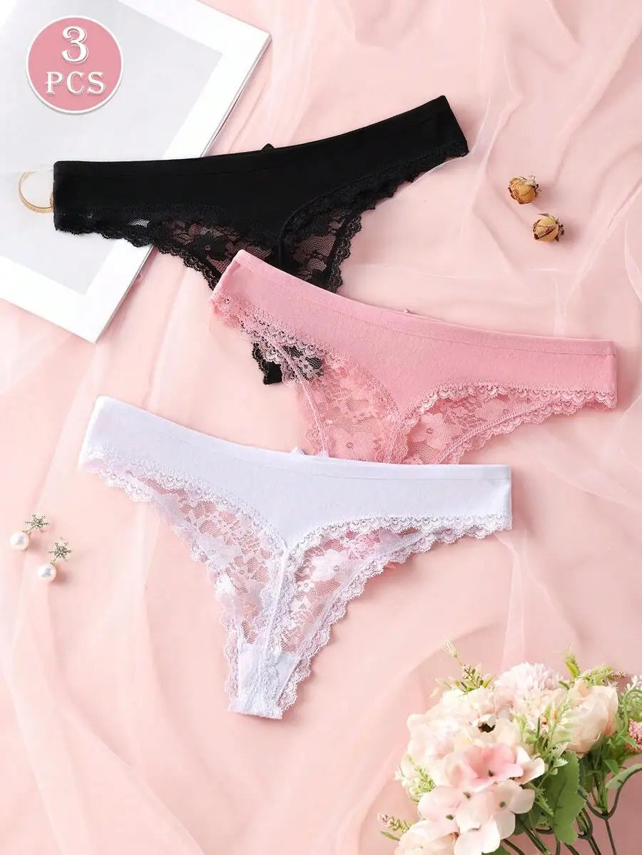 3Pcs Sexy Lace Women Thongs Transparent Women Panties Sexy Underwear Solid Floral G-String Size XS-XL Female Underpants Lingerie