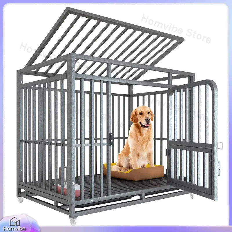 Heavy Duty Square Tube Dog Cage for Medium Large Dogs Indoor Metal Kennel with Toilet Tray Foldable Iron Pet Crate Furniture