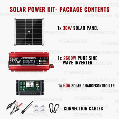 Grennova Portabelt Solkraftsystem – Ren Sinusvåg 1300W/2600W + 30W Solpanel + 60A MPPT 110V/220V Kylskåp TV Camping Husbil CE