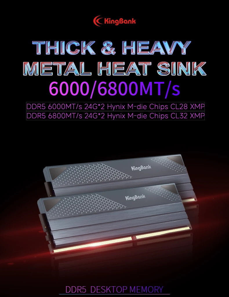 KingBank KFXB Series DDR5 Memory 24GBx2 6800MHz 6000MHz Dual Channel for Gaming And Overclocking with Heatsink Black