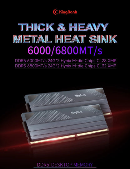 KingBank KFXB Series DDR5 Memory 24GBx2 6800MHz 6000MHz Dual Channel for Gaming And Overclocking with Heatsink Black