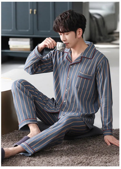 Herr Pyjamas Set – Långärmad & Långa Byxor Tunn Polyester Året Runt Plus Size, 5 Färger M–4XL