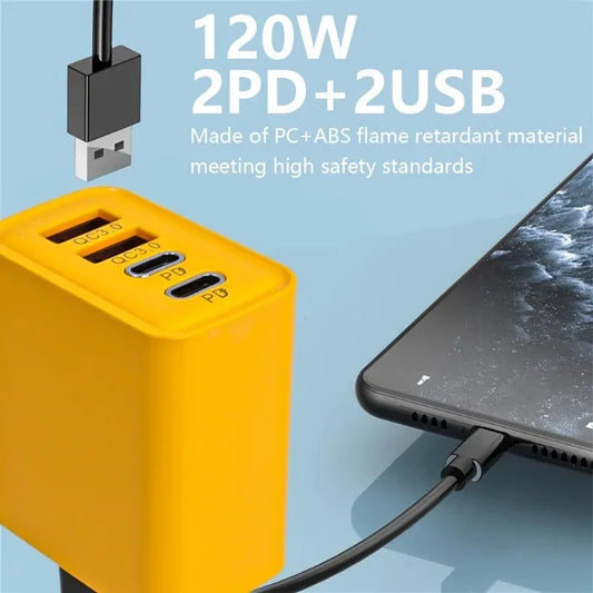 120W Väggladdare med 4 Portar – Dual USB-C PD och Dual USB-A QC 3.0, EU/US/UK-kontakt