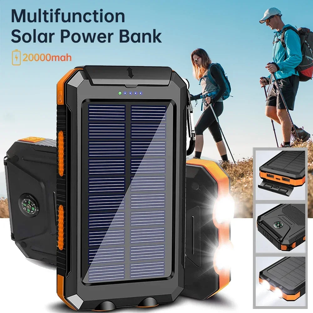 OutdoorVPortable 20000mAh Solar Power Bank External Battery Pack With LED Light Compass USB Output Emergency Backup Power