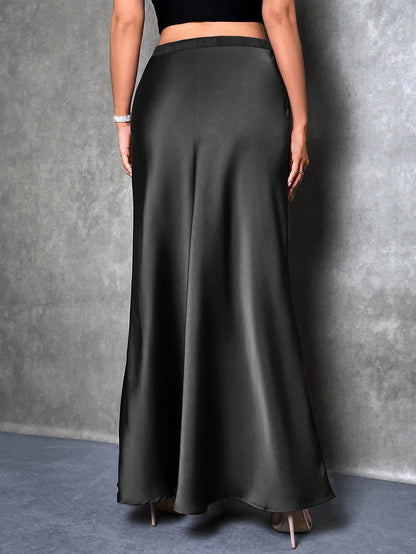 Solid Color High-Waisted Elegant Satin Skirt, Women's Plus-Size Skirt, Suitable for Spring, Summer, and Autumn