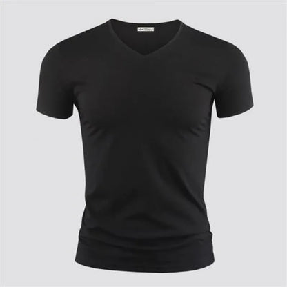 2026 Men's T Shirt Pure Color V Collar Short Sleeved Tops Tees Men T-Shirt Black Tights Man T-Shirts Fitness For Male Clothes