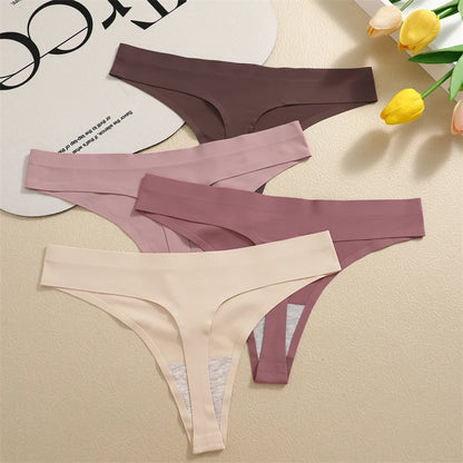 FINETOO 4PCS Silk Satin Seamless Underwear Low Waist Thongs Sexy Solid Color Bikini Underpants Female Stretch Intimates Lingerie