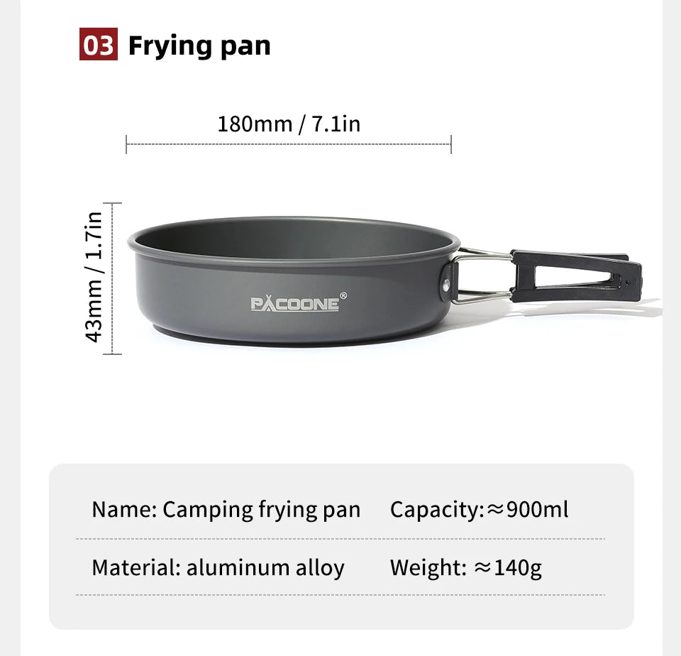 PACOONE Campingkokset – Portabelt Aluminiumset med Kastrull, Vattenkokare & Panna, Hopfällbart