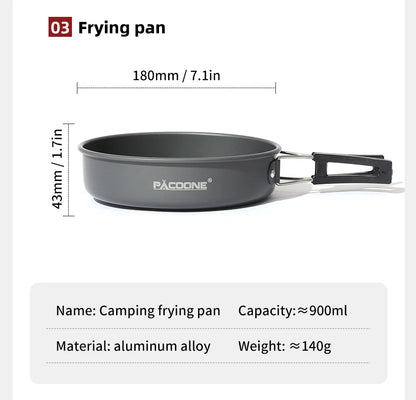 PACOONE Campingkokset – Portabelt Aluminiumset med Kastrull, Vattenkokare & Panna, Hopfällbart