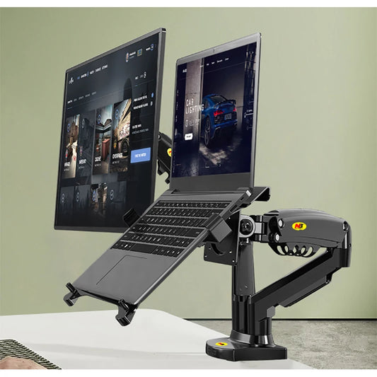 NB ERGONOMIC F160+FP-2 Dubbel Arm Skärm+Laptop – 17–27" Skärm 10–17" Laptop Gasfjäder 2–9kg 360° ±180° VESA 75x75 100x100