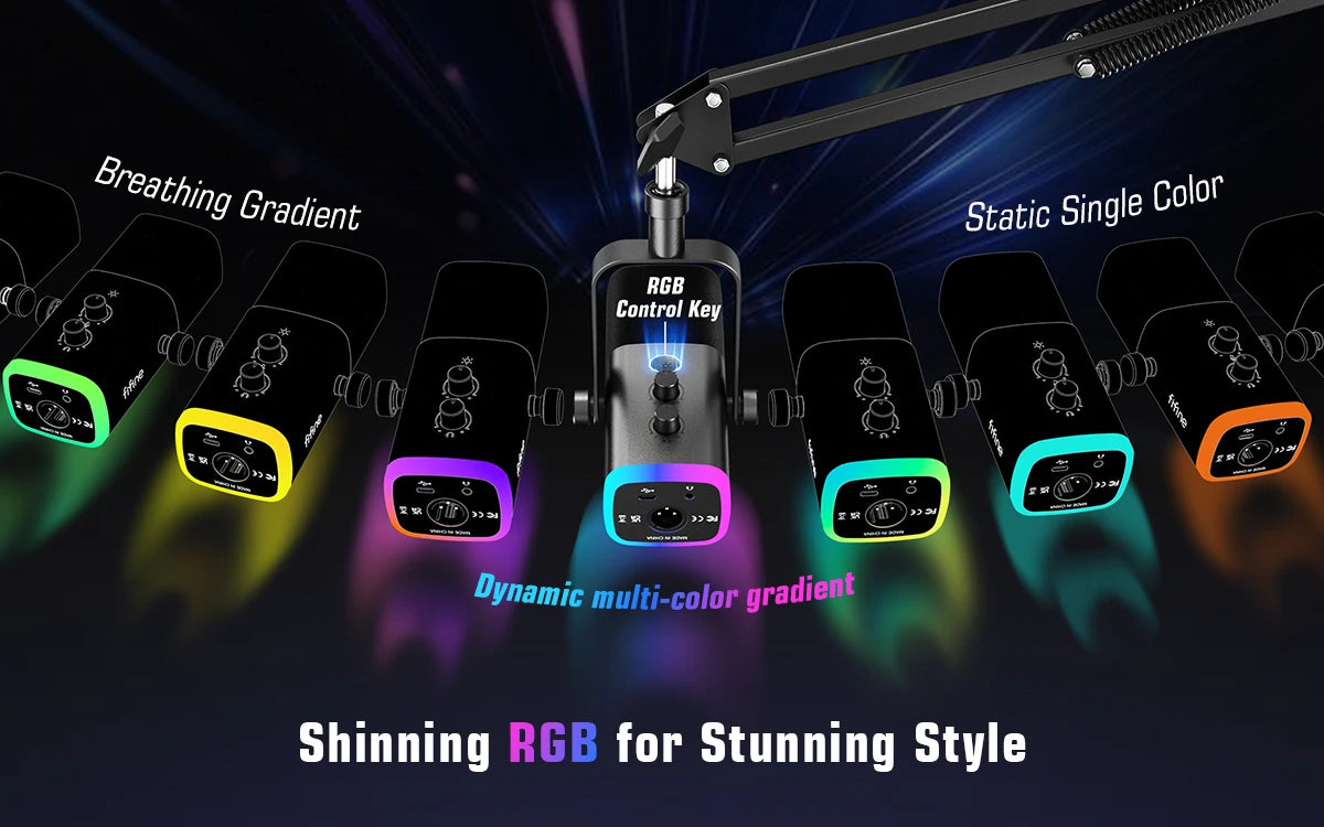 FIFINE XLR/USB Gaming Microphone Kit with Headphone Jack/Mute/RGB /Arm Stand,Dynamic Mic Set for PC PS5/4 Mixer AmpliGame AM8T