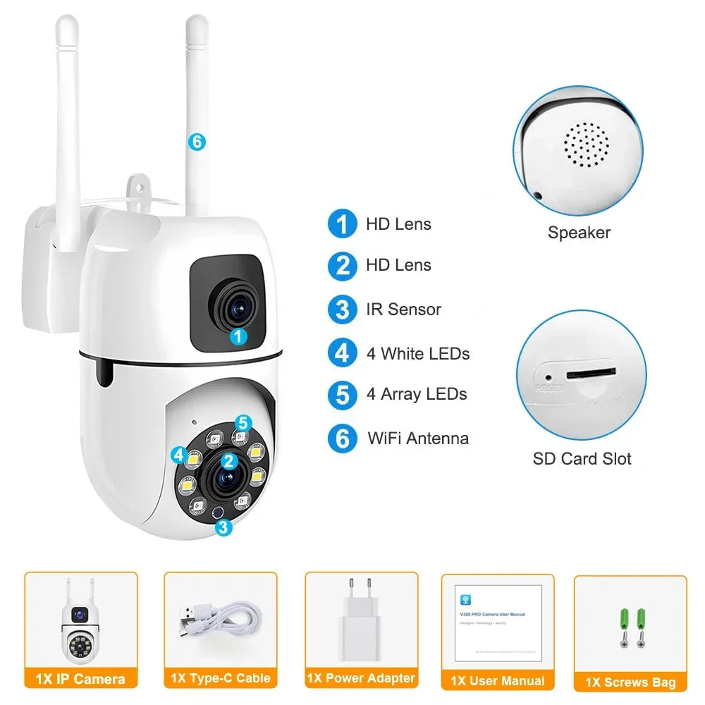 WiFi IP Camera Security Protection Dual Lens Dual Screen Wireless Indoor Monitor Auto Track PTZ CCTV Video Surveillance V380 Pro
