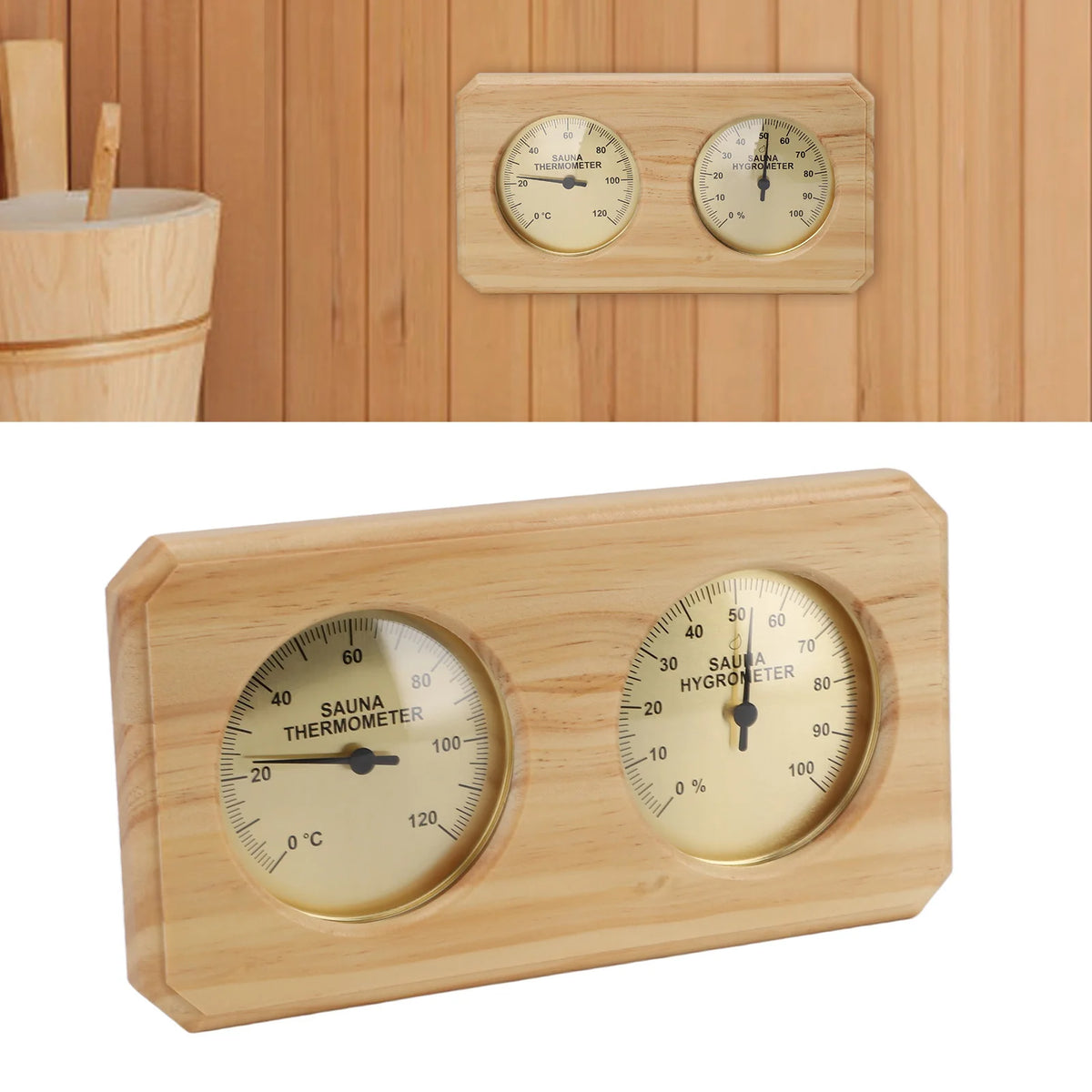 2-i-1 Bastutermometer & Hygrometer i Trä – Väggmonterad, 0–120°C, Guldram