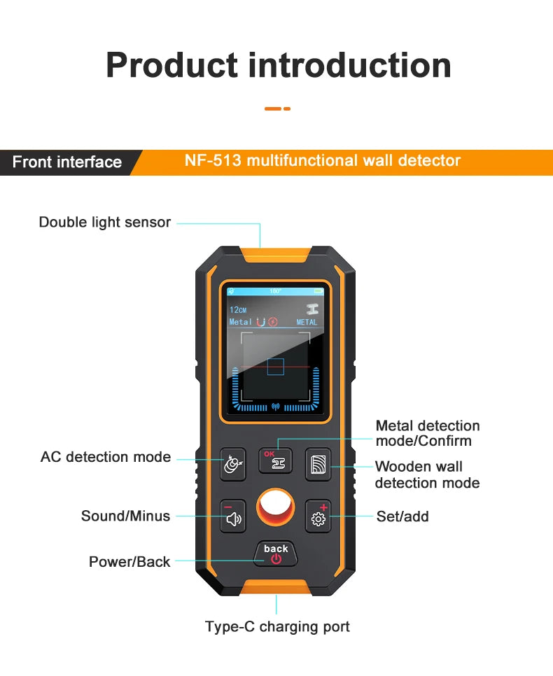 NOYAFA NF-513S Metal Detector Wall Scanner AC Live Cable Wires Metal Wood Stud Find with Positioning Hole Wall Detector