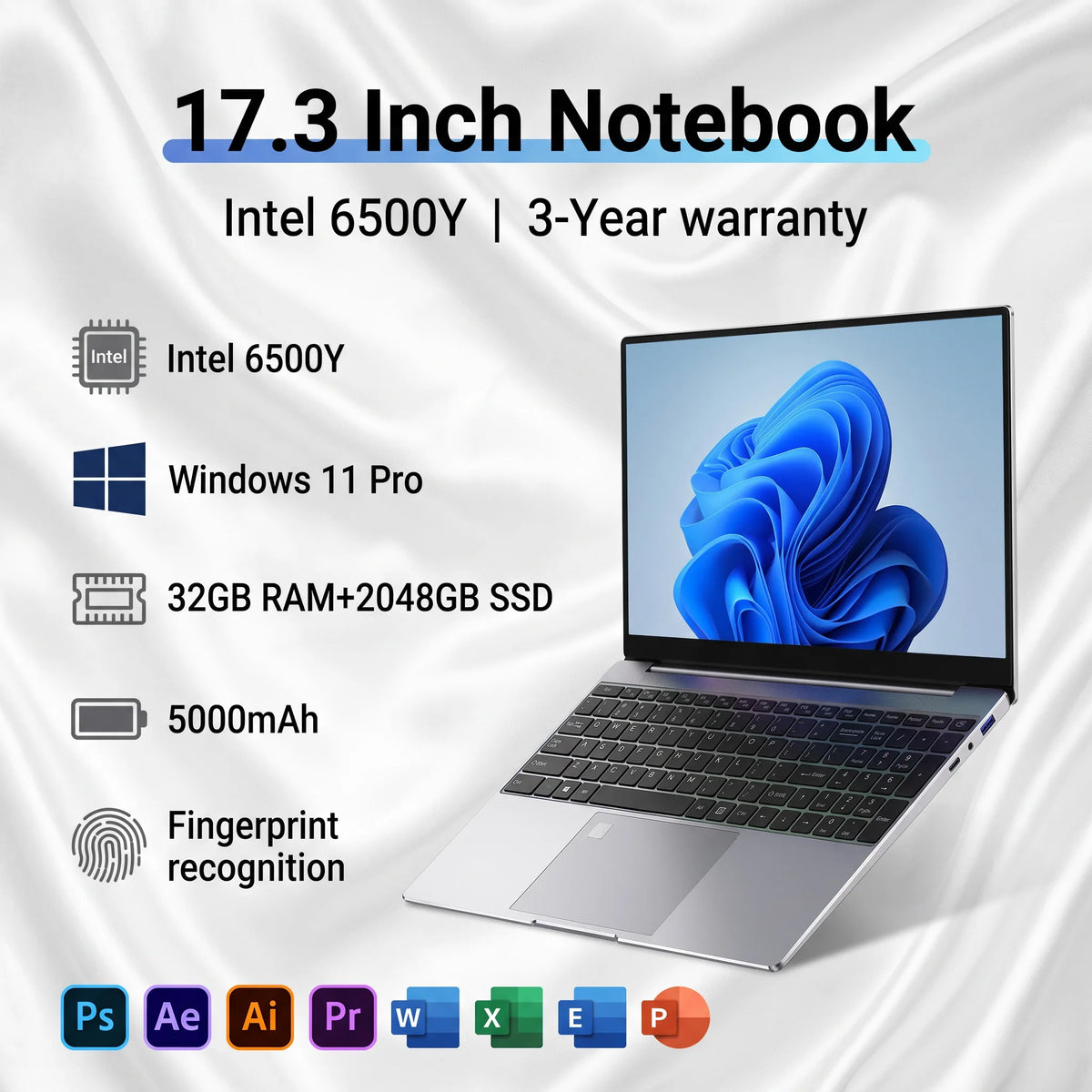 17.3" Portable Laptops Intel 6500Y Windows 11 32GB 2TB HD Display Fingerprint Unlock Gamer Study Office Notebook Computer PC