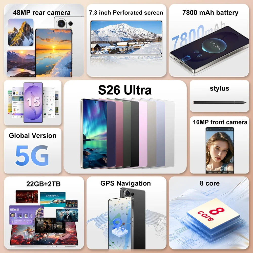 Smartphone S26 Ultra Original Android 15 Face Recognition Mobile Phones 5G Dual Card 7800mAh 7.3 inch Global Version Cellphones