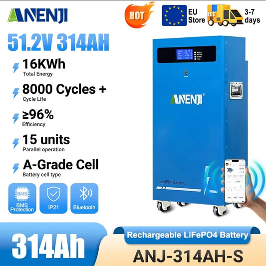 ANENJI 51,2V 314Ah 16kWh LiFePO4 Batteri – Grade A-celler, Bluetooth, CAN/RS485, BMS, Hjul, EU-lager