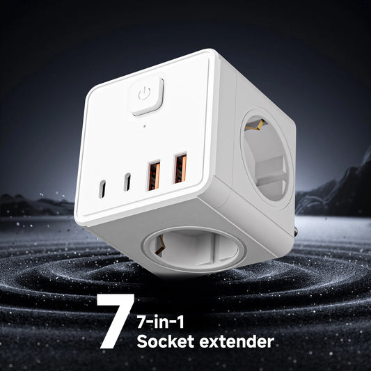 7-i-1 Fyrkantig Grenuttag – 3 AC-uttag 2 USB-A 2 USB-C Huvudströmbrytare EU-kontakt 2500W Hem Kontor Resor Vit Svart