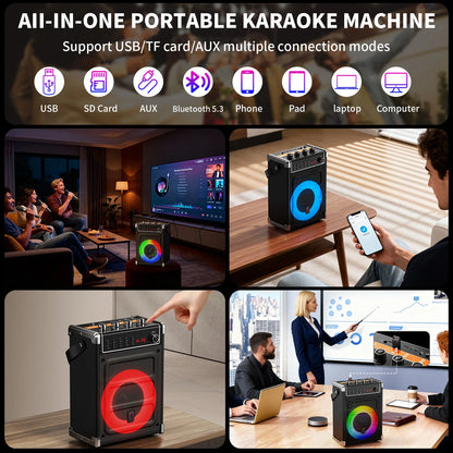 69-black Karaoke Machine with 2 UHF Wireless Microphones, Bluetooth Speaker with Bass/Treble Adjustment and LED Light, PA System