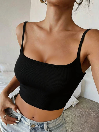 Casual Black Square Neck Ribbed Crop Camisole Slim Fit Sleeveless Basic Blouse, For Street Daily Summer Vacation Casual Outfits