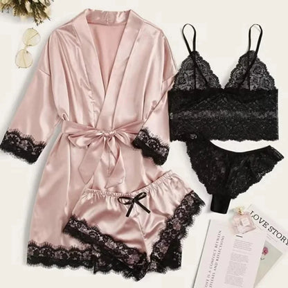 Pyjamasset dam med satinkänsla och spets – sex färger, S–2XL