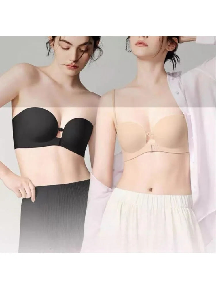 Front Closure Strapless Bras For Women Seamless Push Up Brassiere Thick Soft Underwear Solid Color Adjustable Invisible Lingerie