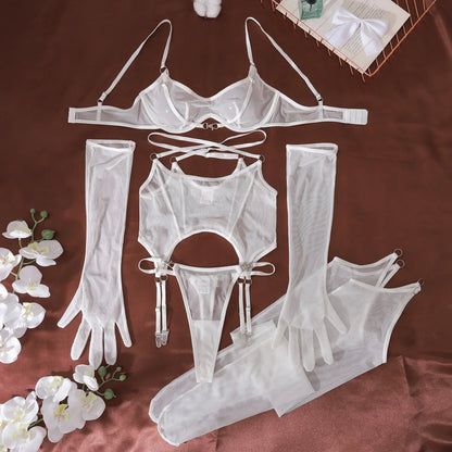 Mesh Lingerieset med Strumpor – Ultra-tunn, Andningsbar, Formande BH & Trosa