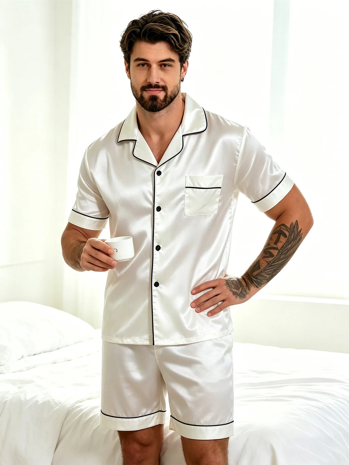 Men's Pj Satin Stripe Print Design Short Sleeve Pajama Set Soft Comfortable Sleepwear for Summer Lightweight Homewear Lougewear