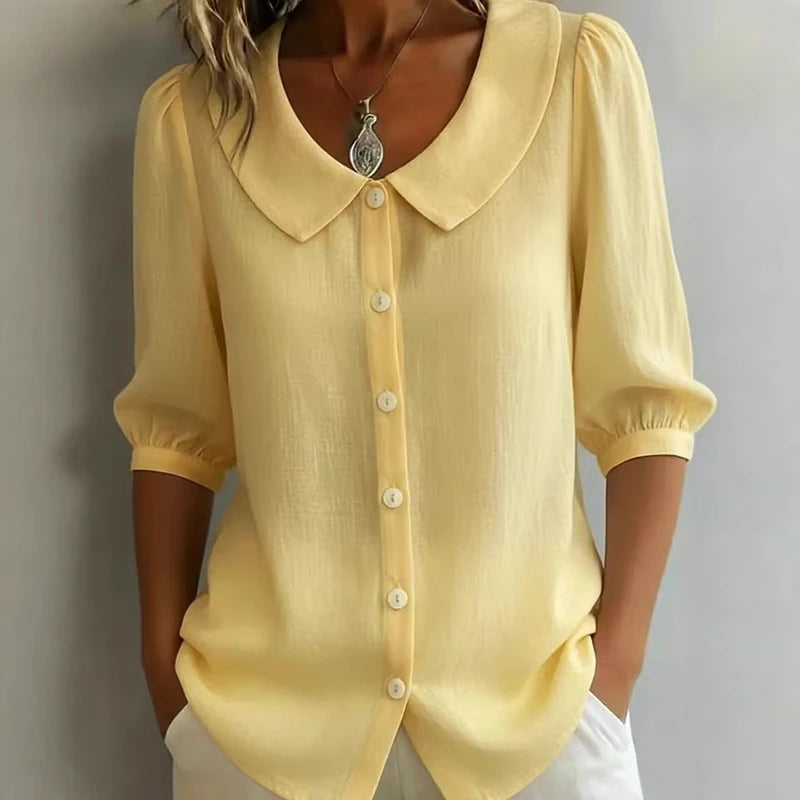 Lös Bomull-Linne Skjorta Dam – Kortärmad, Knappar, Casual Blus, 7 Färger, S–XXXL