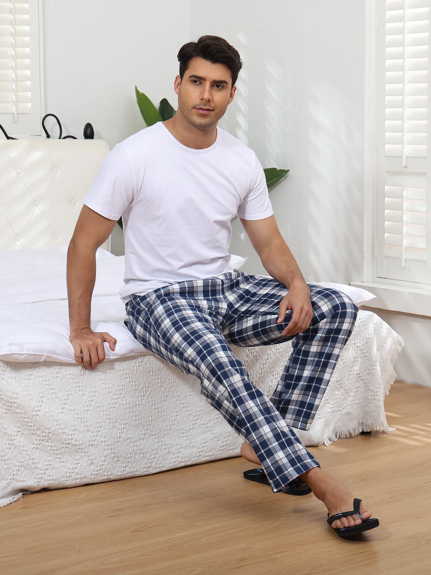 Men's 3Pcs Pajama Sleeping Pants Cotton Plaid Pjs, Long Plaid Print Sleepwear Pajama Pants with Elastic Waist Homewear