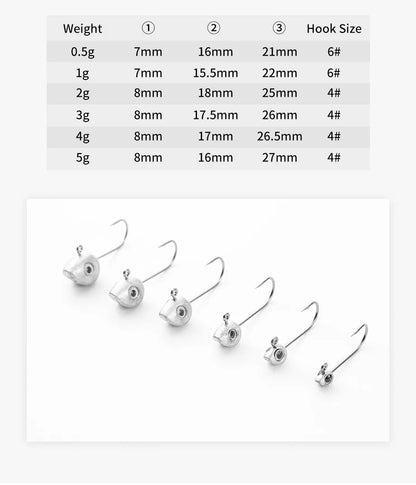 10pcs Mini Jig Head Hook 3D Eyes 0.5g 1g 2g 3g 4g 5g Bass Crappie Fishing Jig Hooks Soft Lure Worm Fishing Lure Hook