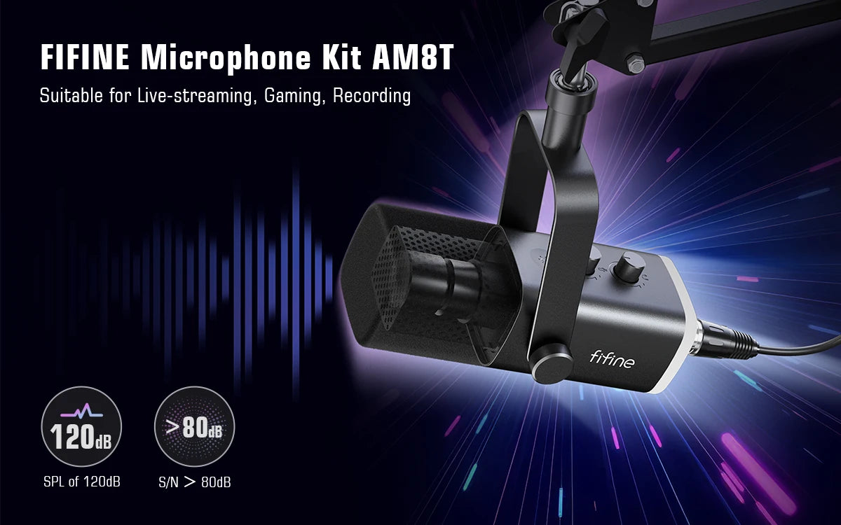 FIFINE XLR/USB Gaming Microphone Kit with Headphone Jack/Mute/RGB /Arm Stand,Dynamic Mic Set for PC PS5/4 Mixer AmpliGame AM8T