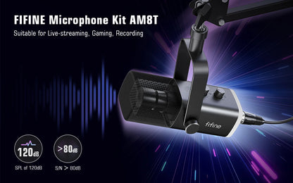 FIFINE XLR/USB Gaming Microphone Kit with Headphone Jack/Mute/RGB /Arm Stand,Dynamic Mic Set for PC PS5/4 Mixer AmpliGame AM8T
