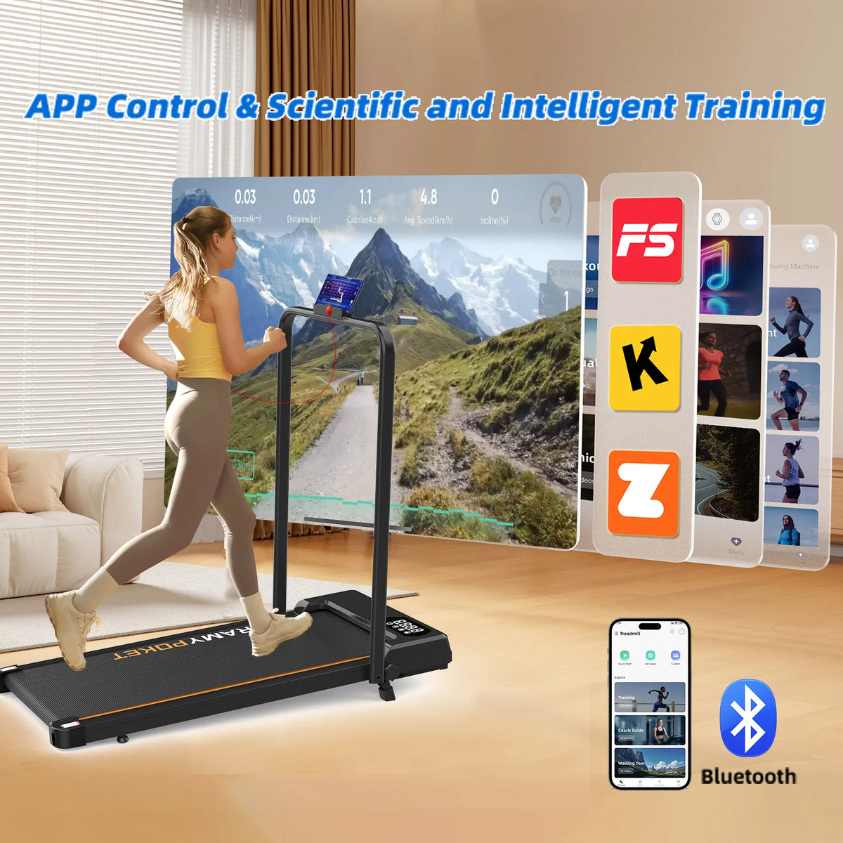 RAMYPOKET Walking Pad Foldable With Incline 9% , 2.5HP 1-10km/h Walking Pad With APP&LED, Max 150kg Treadmill For Home & Office